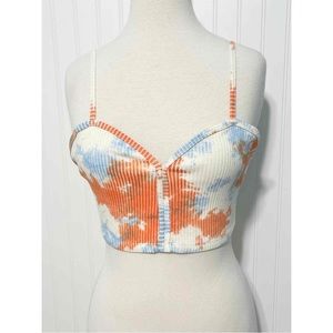 Zara Open Back Sleeveless Ribbed Tie Dye Crop Top White Orange Blue